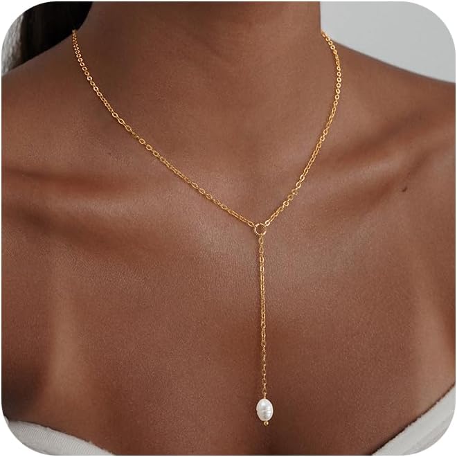 Treasure Bender Lariat Gold Necklace for Women Dainty Long 14K Gold Plated Y-Shaped Body Chain Choker Necklace Trendy Non Tarnish Pendant Simple Layered Necklaces Gold Jewelry for Women Set Gift - Image 1